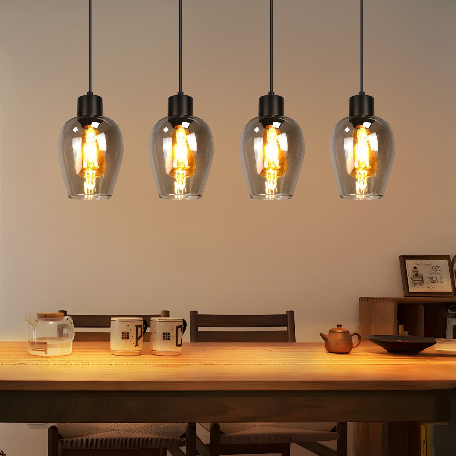 NETTLIFE Sort spisebordspendellampe i røget vintageglas med E27-lampe til køkken eller soveværelse uden lyskilde