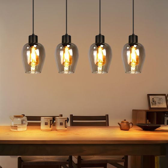 NETTLIFE Sort spisebordspendellampe i røget vintageglas med E27-lampe til køkken eller soveværelse uden lyskilde