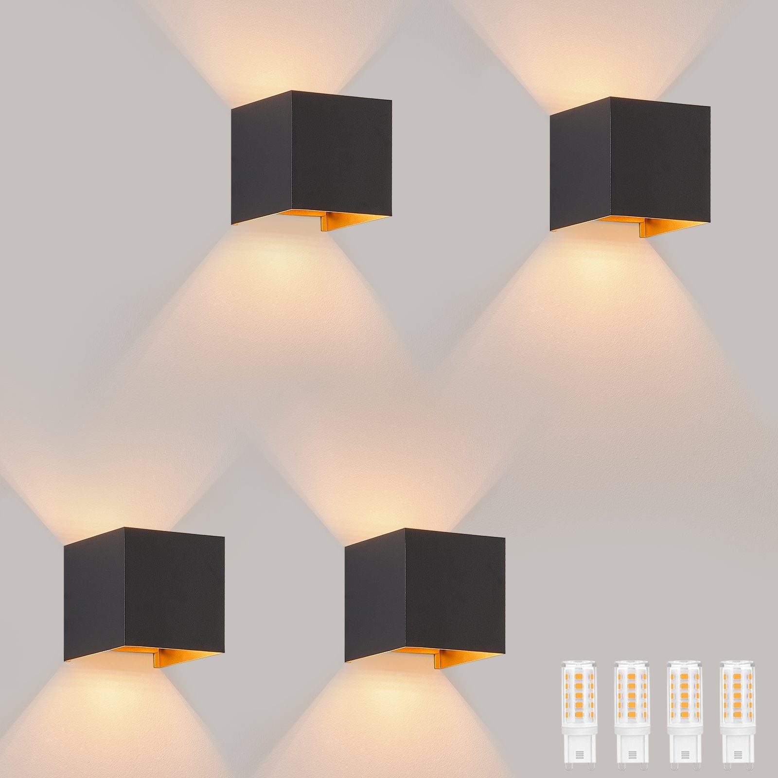 NETTLIFE LED - væglampe, 3W, 4 stk. - G9, udendørs/indendørs væglampe, sort og guld Vandtæt Dobbeltstrålende, justerbar, IP65 230V, 3000K