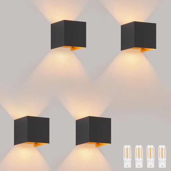 NETTLIFE LED - væglampe, 3W, 4 stk. - G9, udendørs/indendørs væglampe, sort og guld Vandtæt Dobbeltstrålende, justerbar, IP65 230V, 3000K