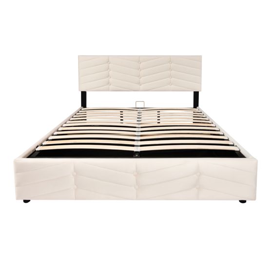 Betrukket seng 140 x 190 cm, beige fløjl, højdejusterbar hovedgærde