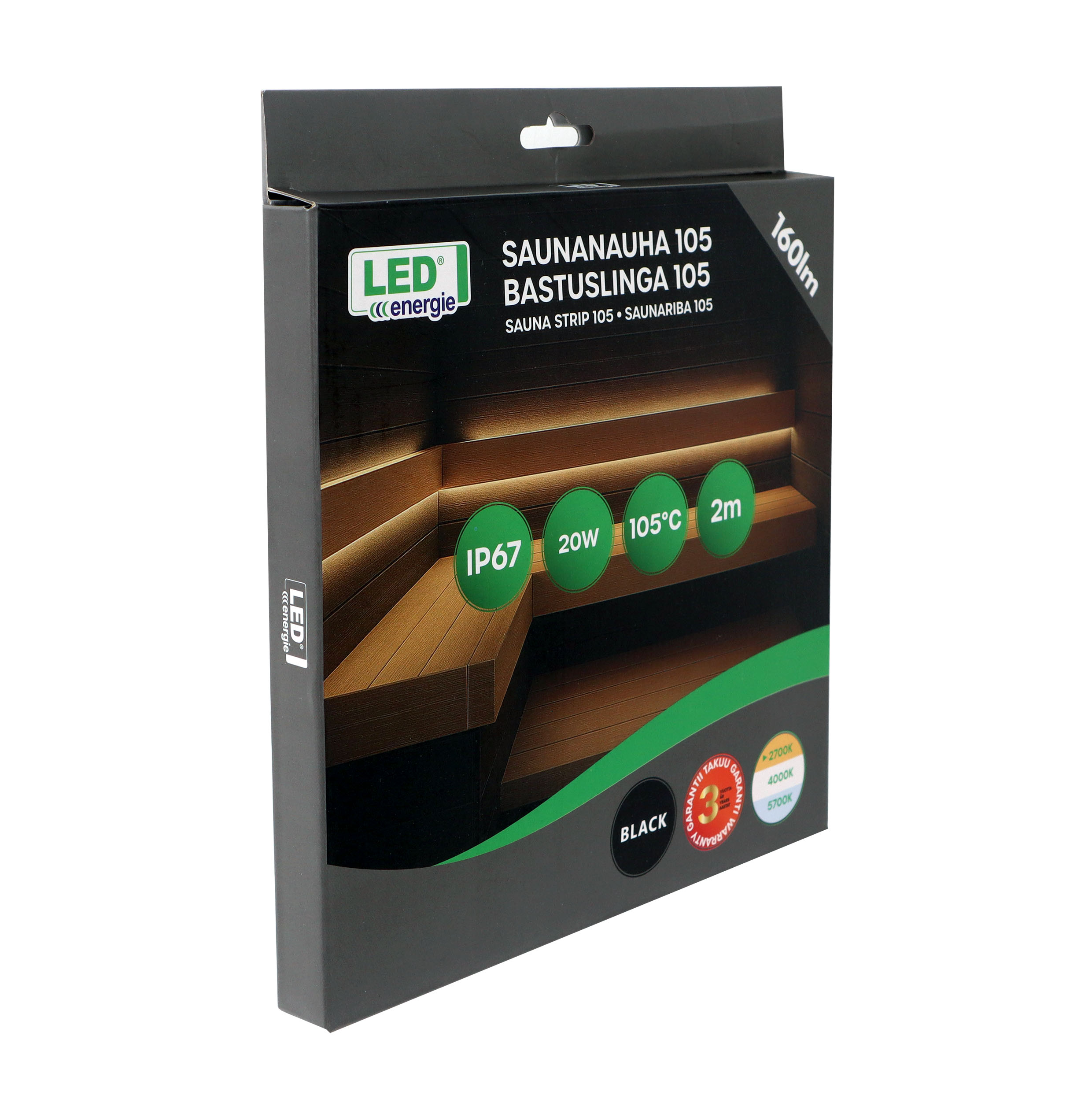 Led Energie Saunalysstrimmel 105 sort 2,0m 2700K 10W/m IP67 160lm