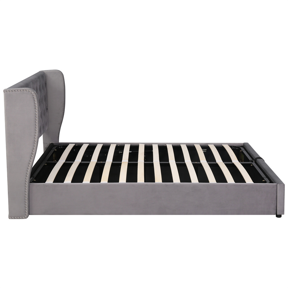 Polstret Seng 140 x 190 cm, Grå Fløjl, Øreformet + Hydraulisk