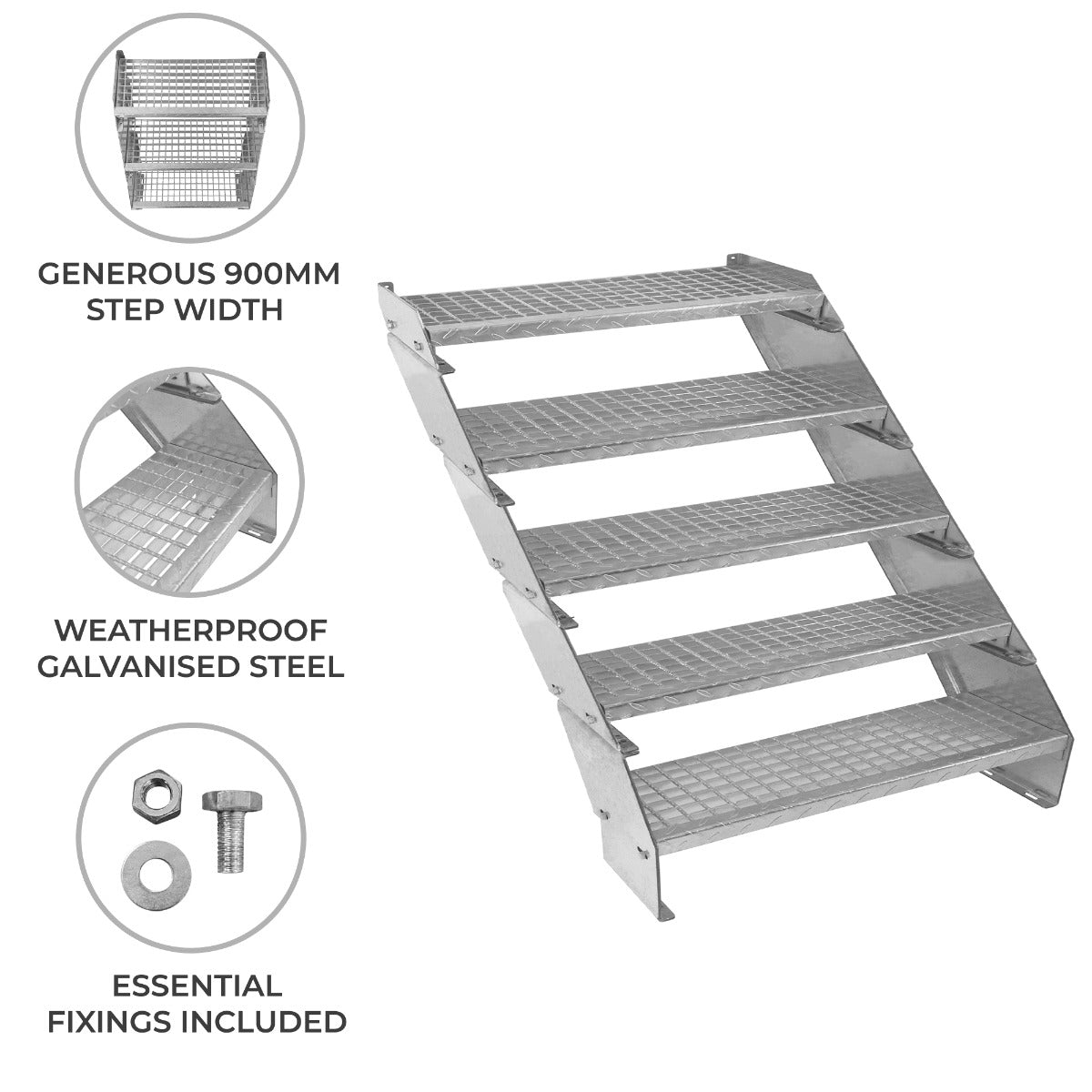 Justerbar 5-sektioneret galvaniseret trappe - 900 mm bred