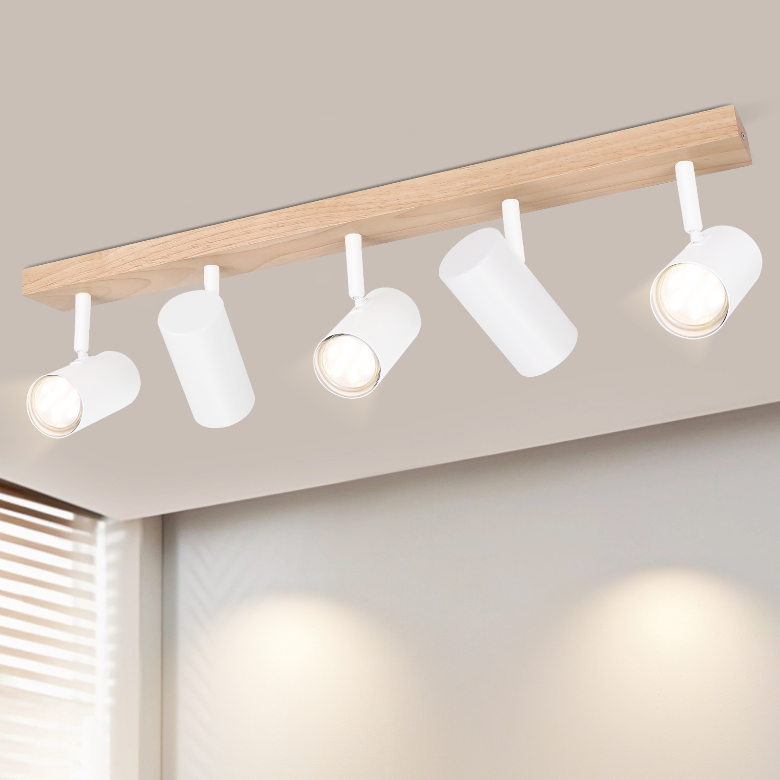 NETTLIFE 5-flammende loftspotlight, hvid, træ, vintage-stil, GU10, justerbar, 350°
