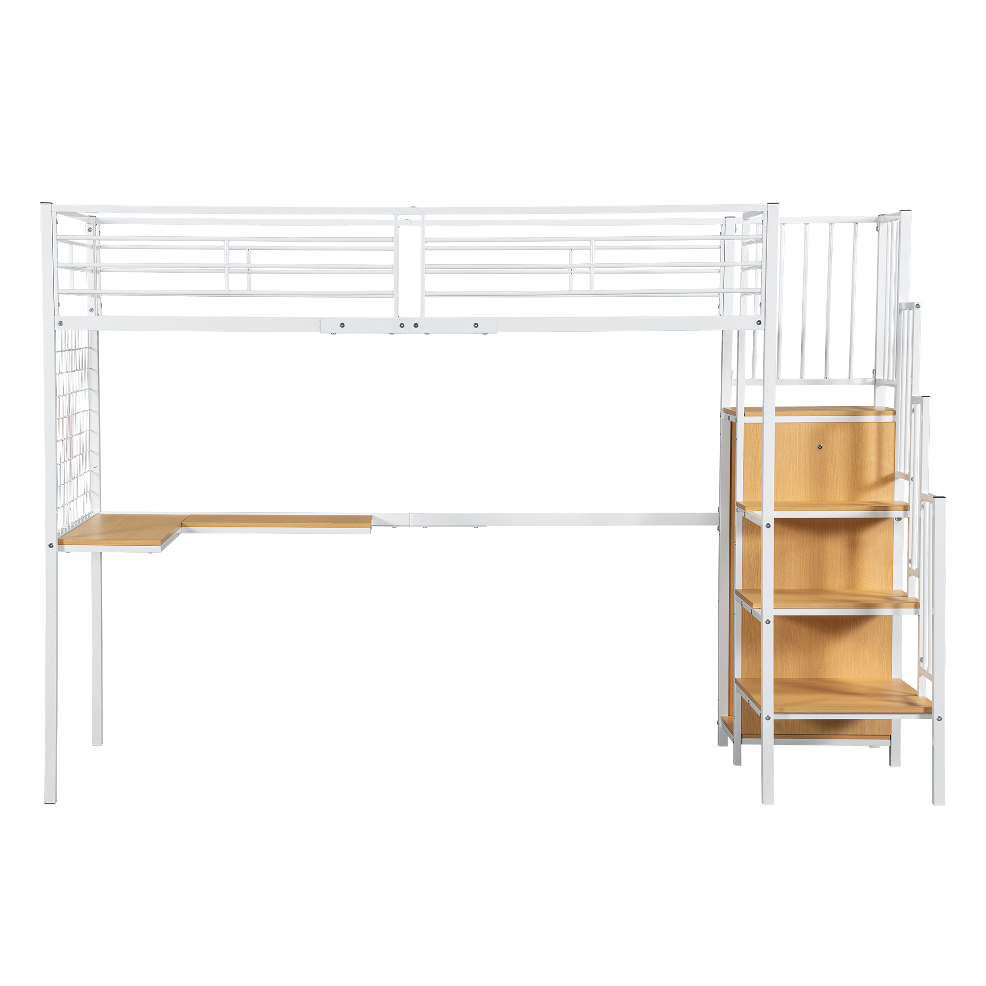 Køjeseng 90 x 200 cm, Hvid + Natur, Jern + Spånplade, Bord + Garderobe + Sidestige + Rækværk