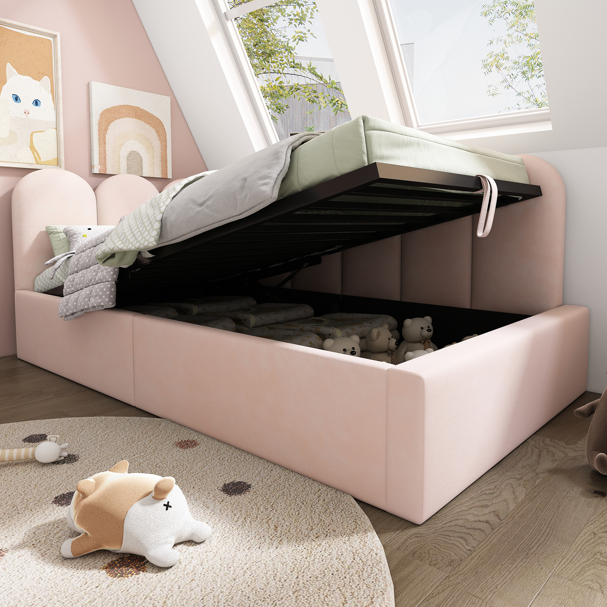 seng 90x200 cm rosa fløjl metal spånplade med hydraulisk opbevaring og sikkerhedsskinner