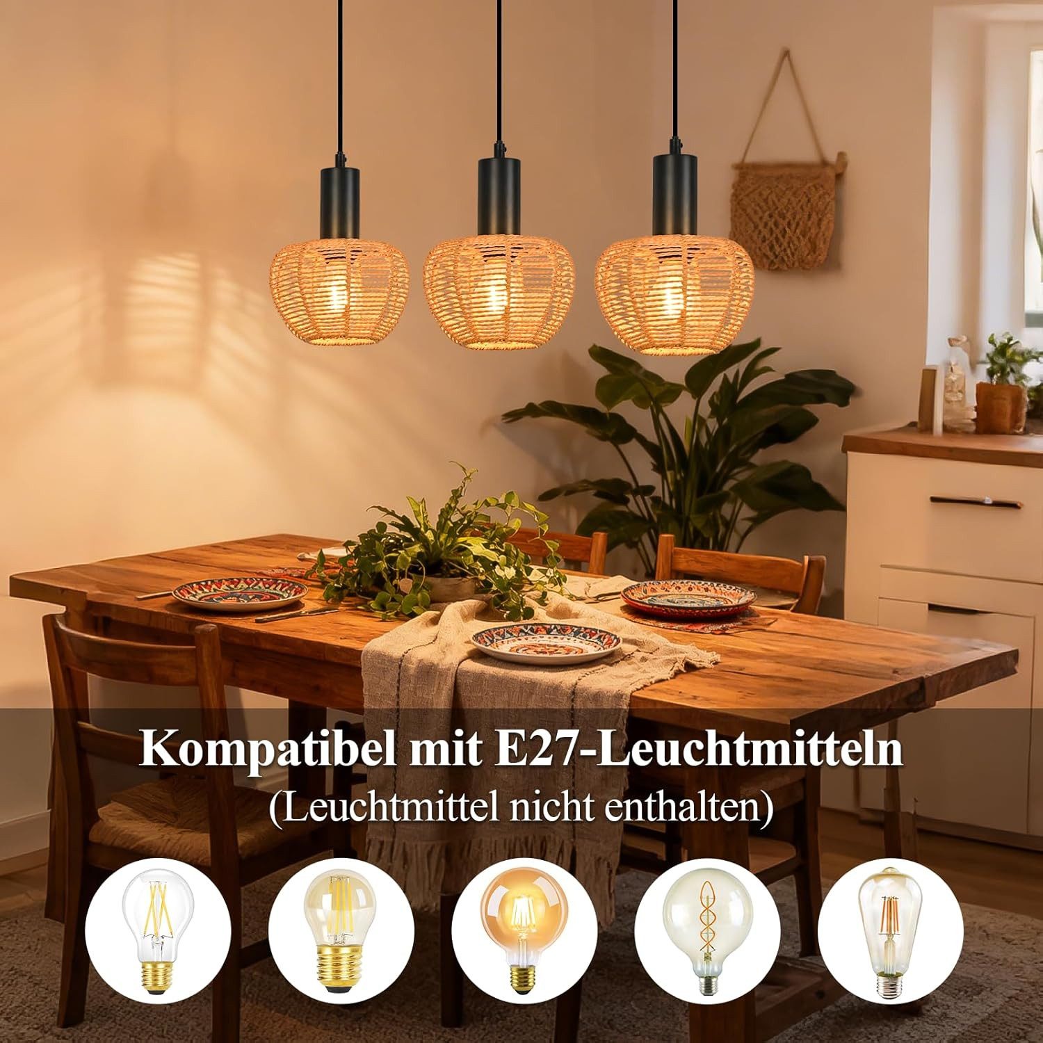 NETTLIFE pendellampe retro boheme rattan pendellampe, 3 lyskilder E27