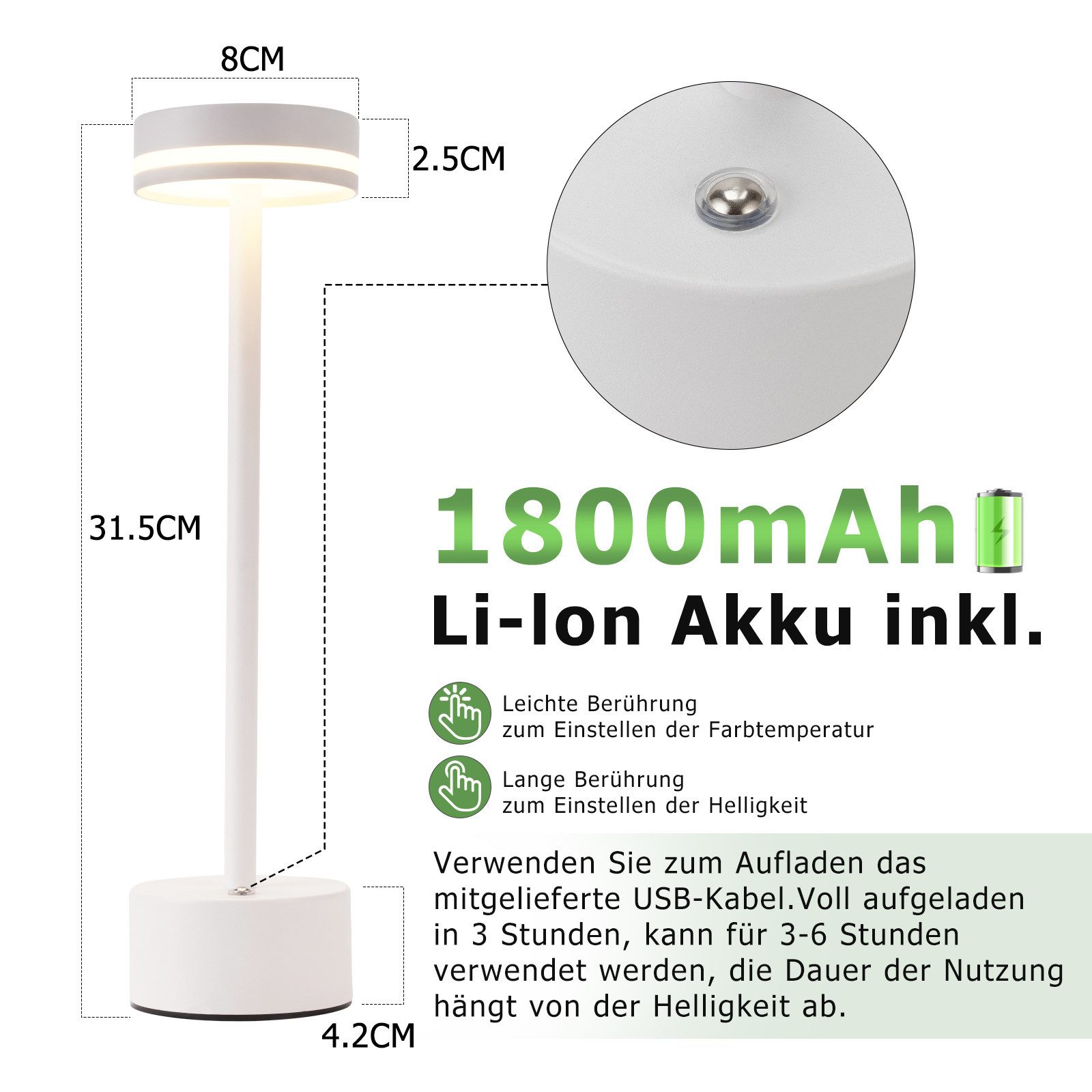 NETTLIFE LED-bordlampe, trådløs og genopladelig, dæmpbar med touch-betjening, USB-C, hvid, 2 stk.