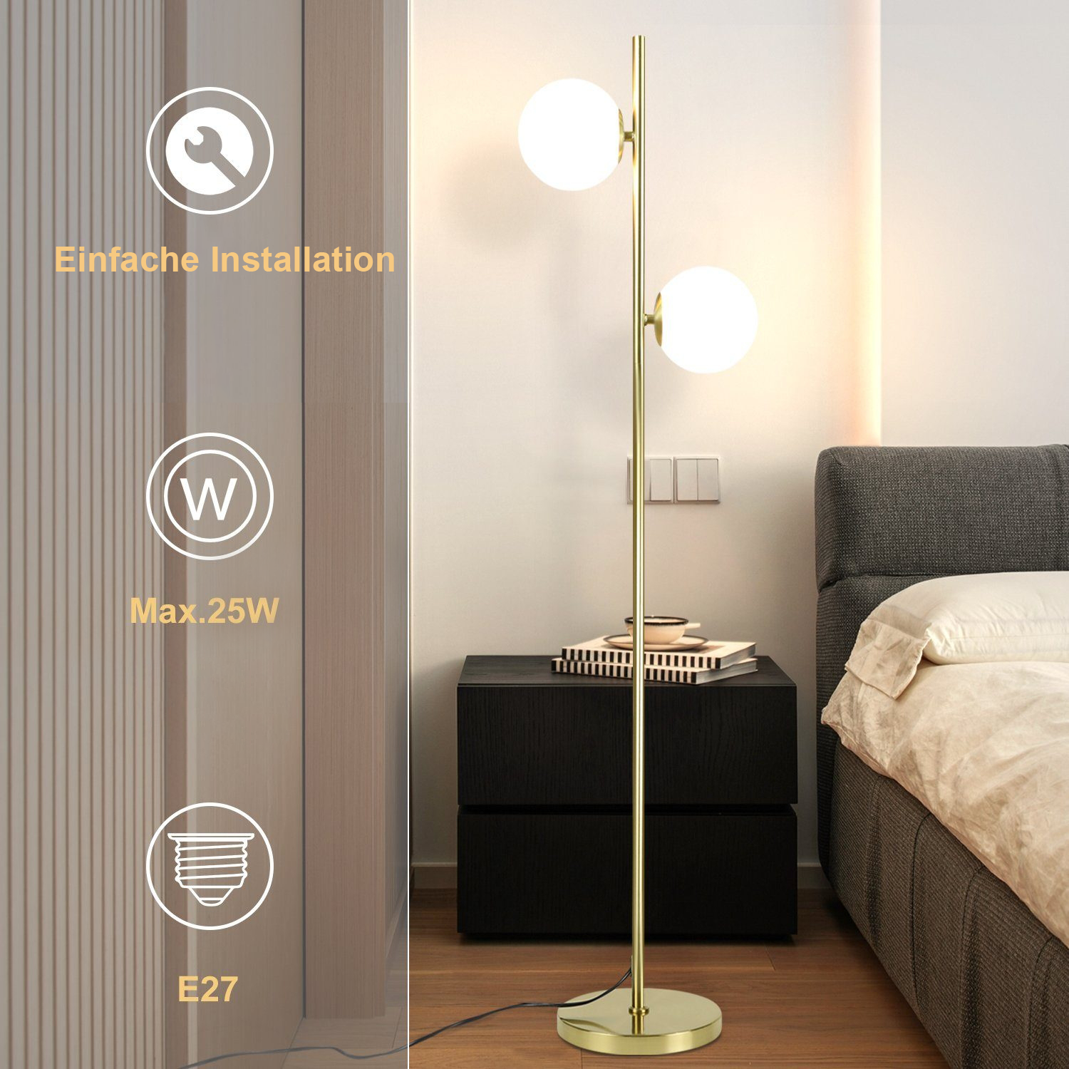 NETTLIFE moderne gulvlampe til stue - gulddesign - gulvlampe, E27-sokkel gulvlampe med fodkontakt - 166 cm