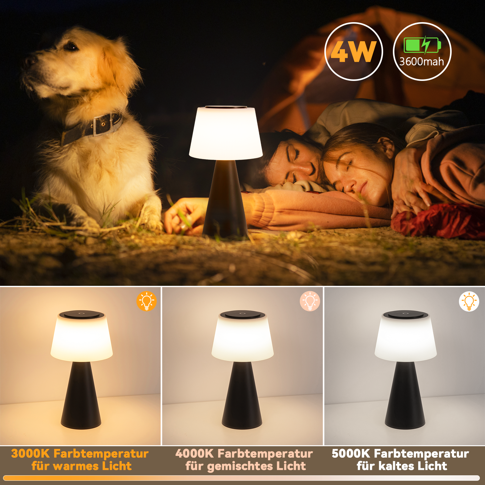 NETTLIFE Batteridrevet bordlampe, LED - natlampe - 3600mh A, Trådløs, dæmpbar Touch-lampe USB - genopladelig, med batteri, sort