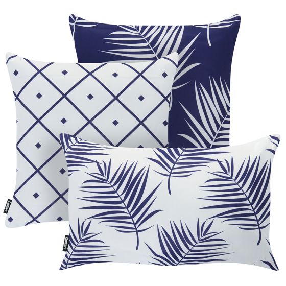 Sæt af 3 havehynder BIRDWOOD Plante mønster 30 x 50 cm 45 x 45 cm Navy Blå
