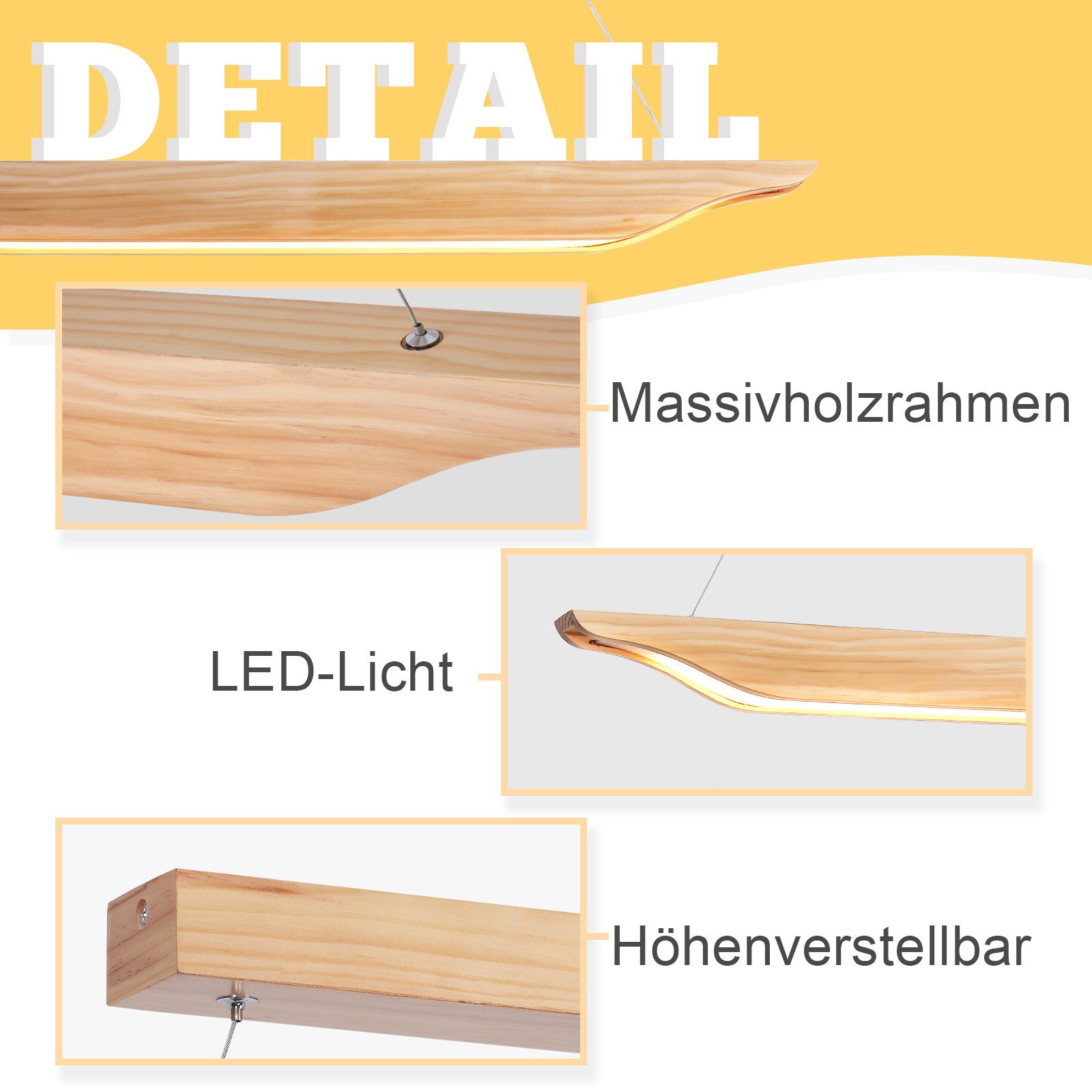 NETTLIFE LED-pendellampe i træ - moderne design spisebordslampe 90 cm dæmpbar med fjernbetjening