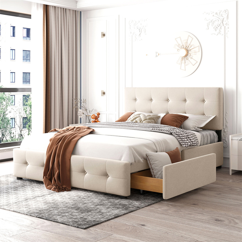 Betrukket dobbeltseng 140 x 200 cm, beige fløjl, skuffer
