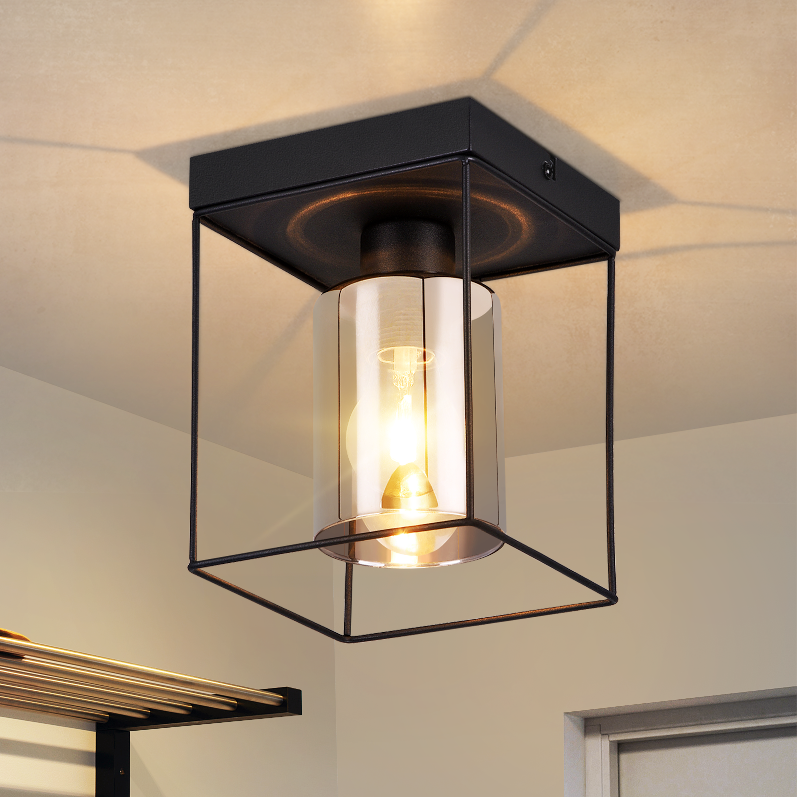 NETTLIFE - loftlampe til gangen, loftlampe i glas, 1 lampe, E27, vintage stil, sort metal, retro, industriel stil