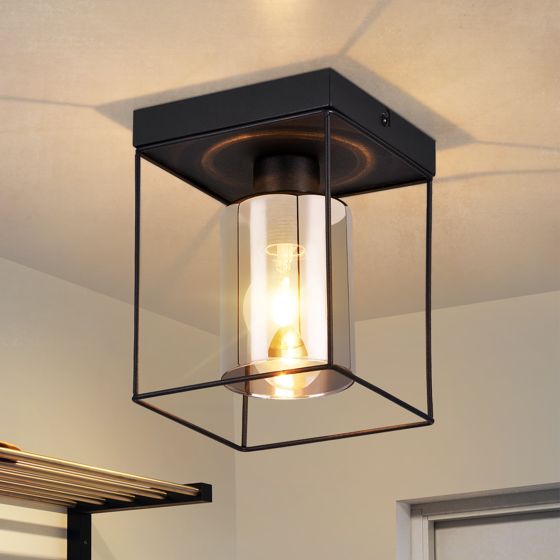 NETTLIFE - loftlampe til gangen, loftlampe i glas, 1 lampe, E27, vintage stil, sort metal, retro, industriel stil