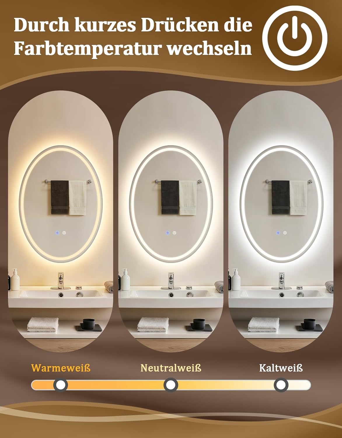 NETTLIFE Ovalt LED Badeværelsesspejl 50x70cm, Touch Control, Anti-dug, Dæmpbar 3000-6500K, IP44 Oplyst Spejl