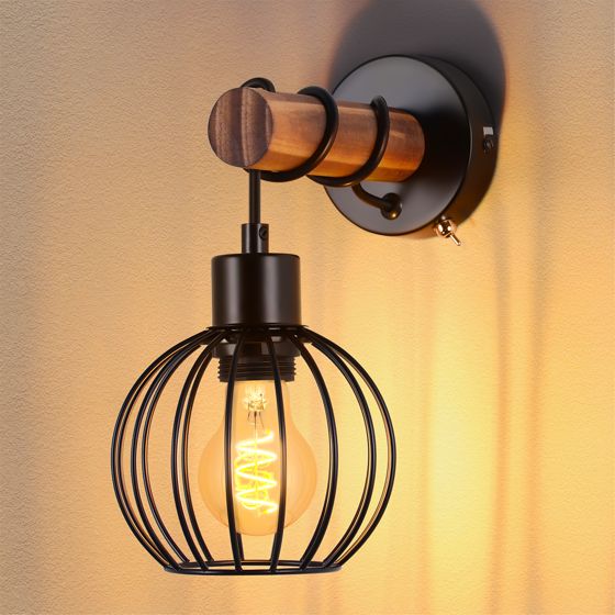 NETTLIFE Vintage væglampe i træ til stuen: væglampe med afbryder, sort væglampe med industrielt design E27