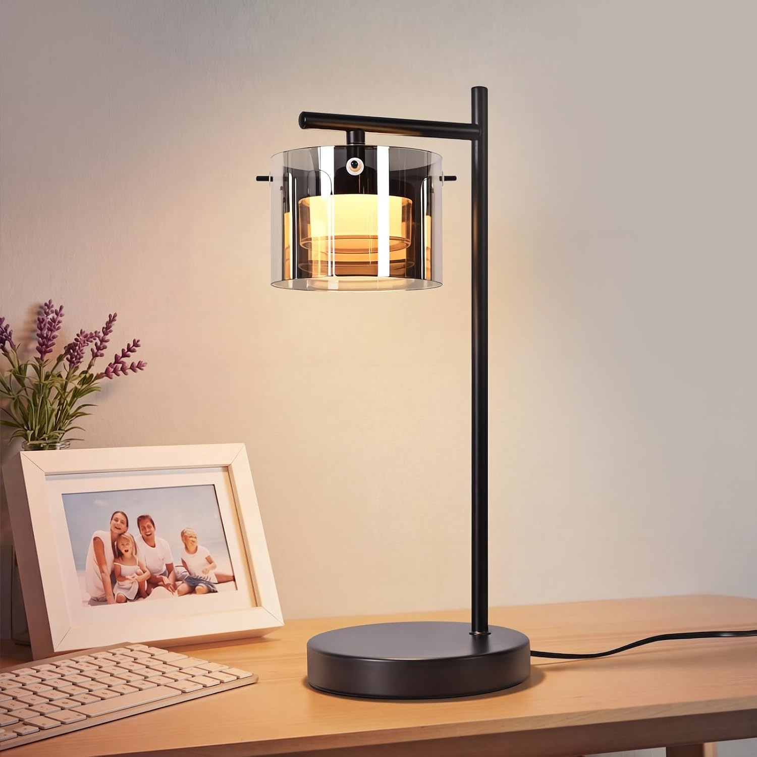 NETTLIFE LED-bordlampe med ledning, sort natlampe lavet af røget glas og metal, moderne varmt lys til stue, soveværelse, kontor