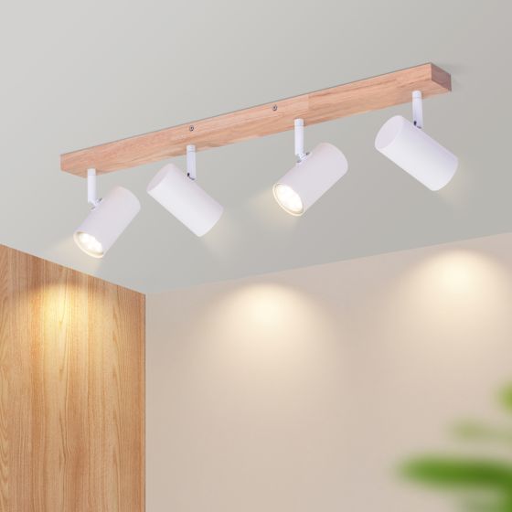 NETTLIFE loftspotlight, 4 lamper, hvid, træloftslampe, GU10, vintage, 350° drejelig