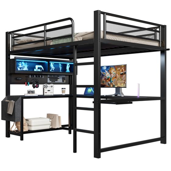 højseng 140x200 cm sort mdf og metal med skrivebord, staufag, led-belysning og ladestation
