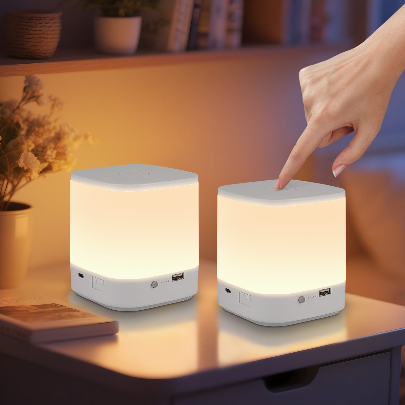 NETTLIFE 2 stk. LED-bordlamper med 3 farvetemperaturer, sengelampe, 3600 mAh batteri, USB-opladning