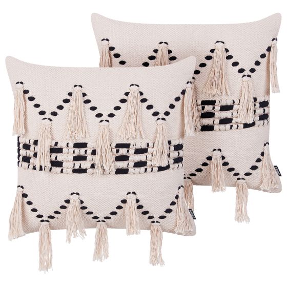 Sæt af 2 pyntepuder THONDI 45 x 45 cm Bomuld Beige Stribet mønster