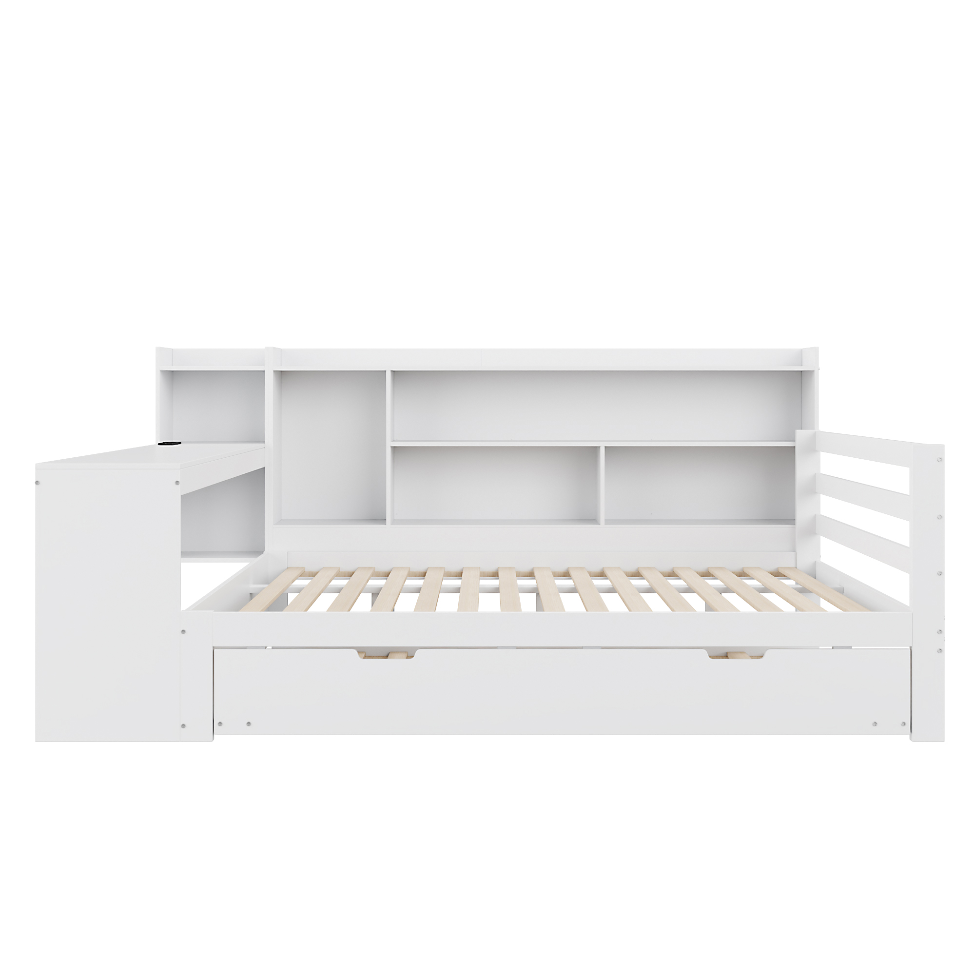 Sovesofa 140 x 200 cm, hvid, skrivebord + boghylde + stikkontakter