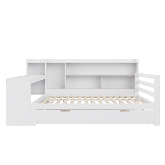 Sovesofa 140 x 200 cm, hvid, skrivebord + boghylde + stikkontakter