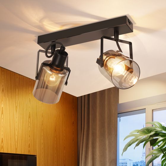 NETTLIFE - loftspotlight, sort, vintage stil, 2 E14 pærer, glasloftslampe, retro