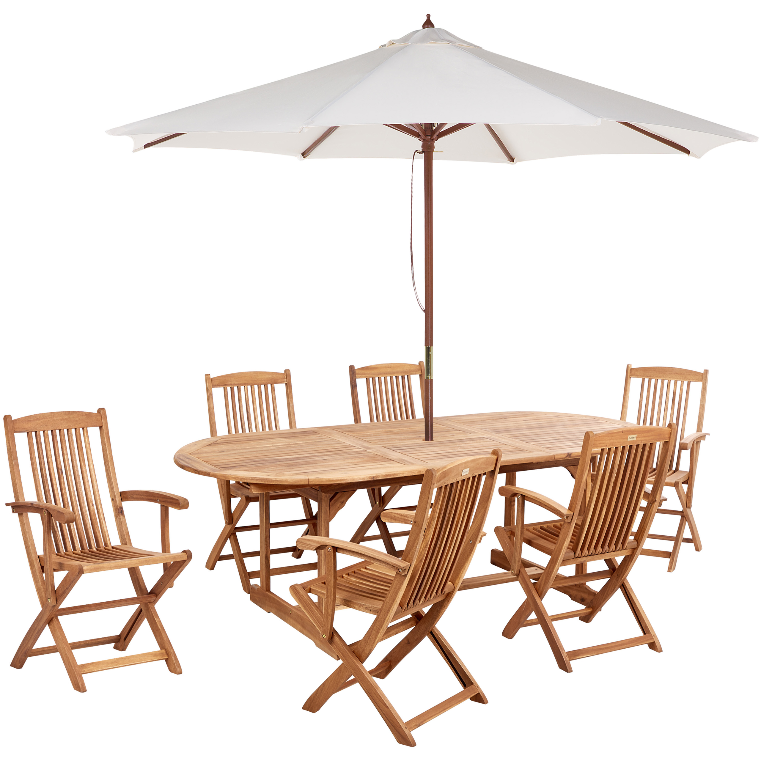 Havemøbelsæt 6 personers MAUI II med parasol (12 varianter) Akacietræ Lysebrun