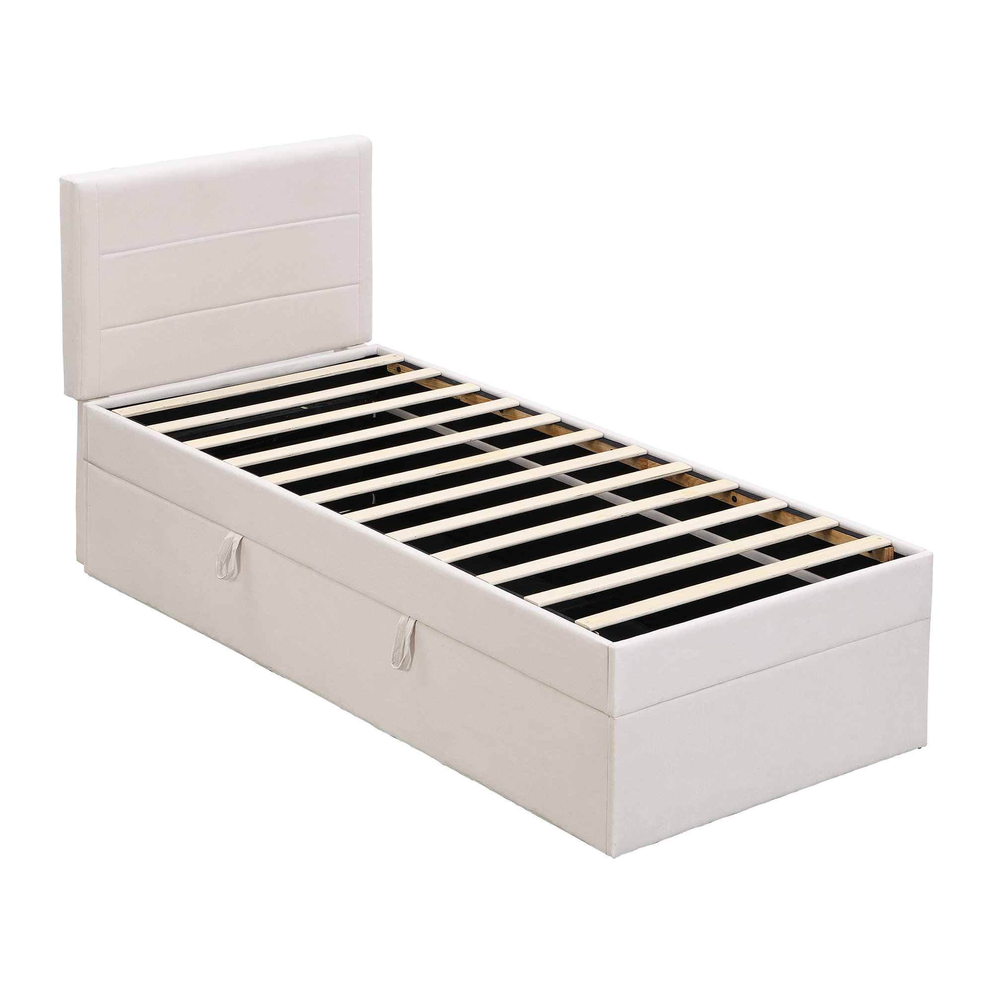 Betrukket seng 90 x 200 cm, beige linned + MDF, metalramme
