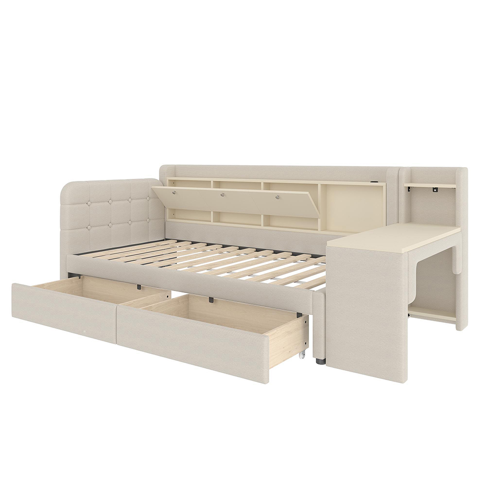 Divanseng 90 x 200 cm, beige, 2 skuffer + skrivebord + opbevaringsrum