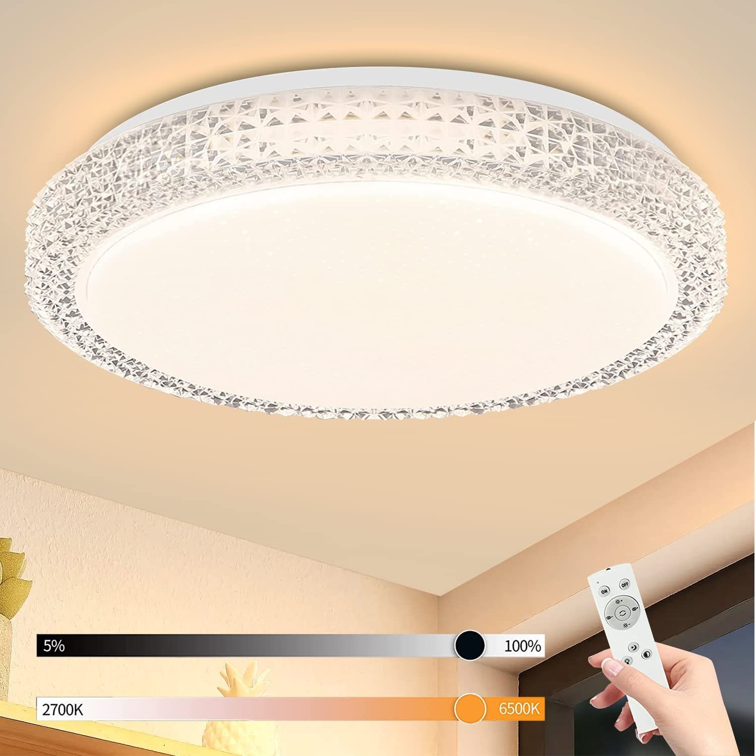 NETTLIFE LED loftlampe med fjernbetjening og dæmpbar 18W, diameter, 30 cm, moderne krystal, stjernehimmel, egnet til soveværelse