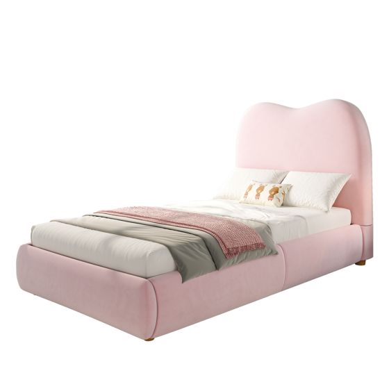 barneseng 90x200 cm rosa fløjl med opbevaring og hydraulisk funktion