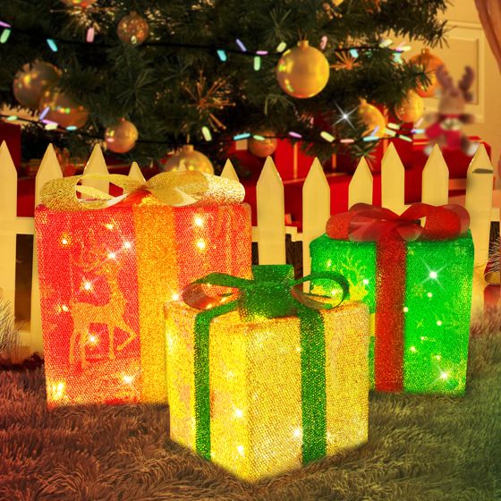 NETTLIFE LED gaveæske juledekorationssæt 3 juleæsker med fjernbetjening med indvendig belysning batteridrevet 50 LED'er