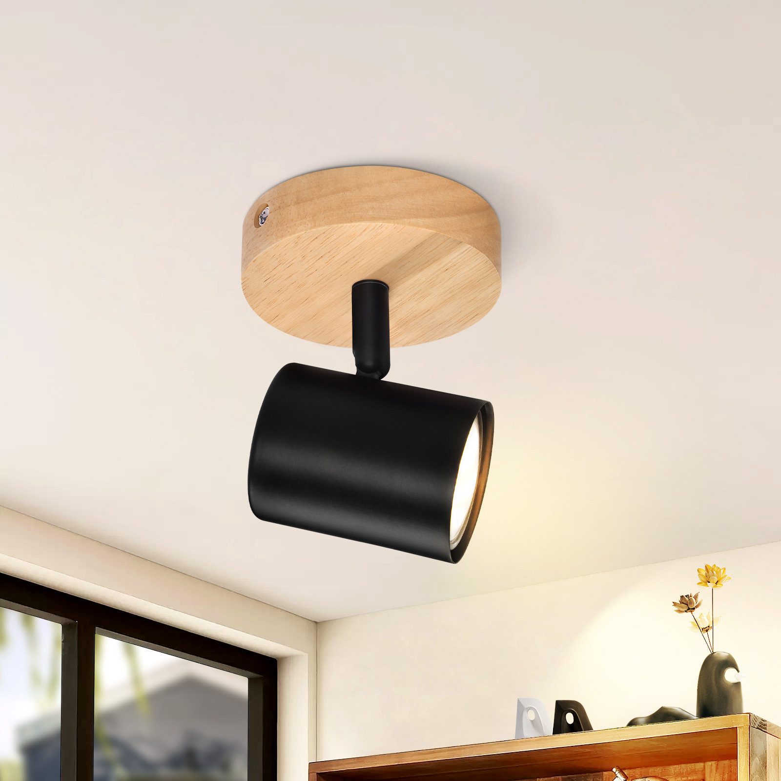 NETTLIFE LED-loftlampe med 1 flamme - Sort GU10 loftlampe Roterende spotlight i træ MAKS. 40W Uden pære
