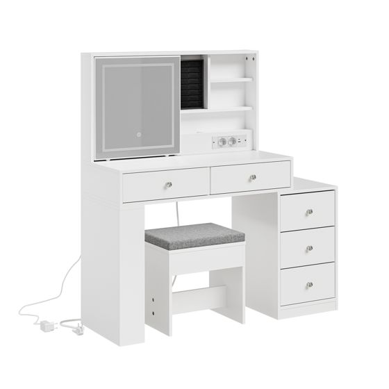 Skrivebord med spejl og opbevaring, hvid, 120x40x127 cm, FWT114-E-W