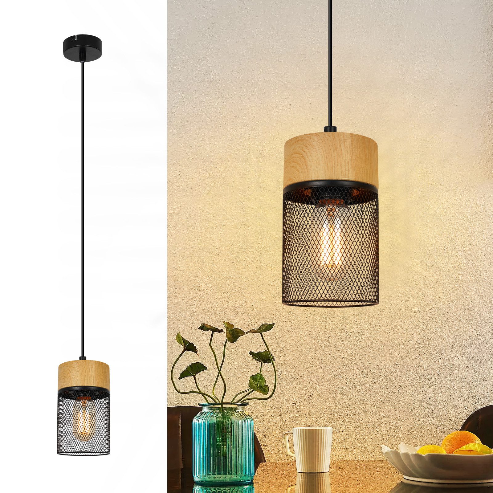NETTLIFE Vintage - pendellampe, træmønster, spisebord, sort, industriel, E27, 25 W, pendellampe