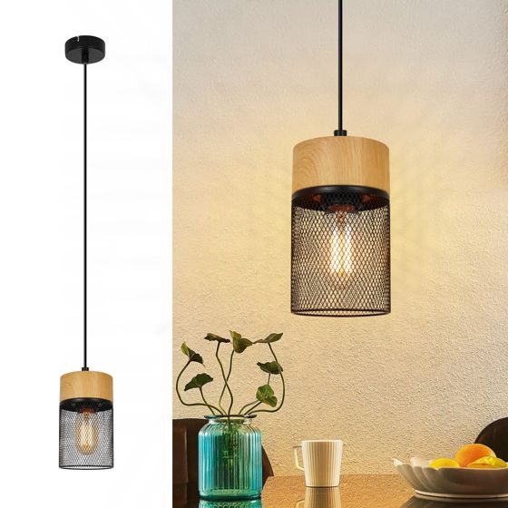 NETTLIFE Vintage - pendellampe, træmønster, spisebord, sort, industriel, E27, 25 W, pendellampe