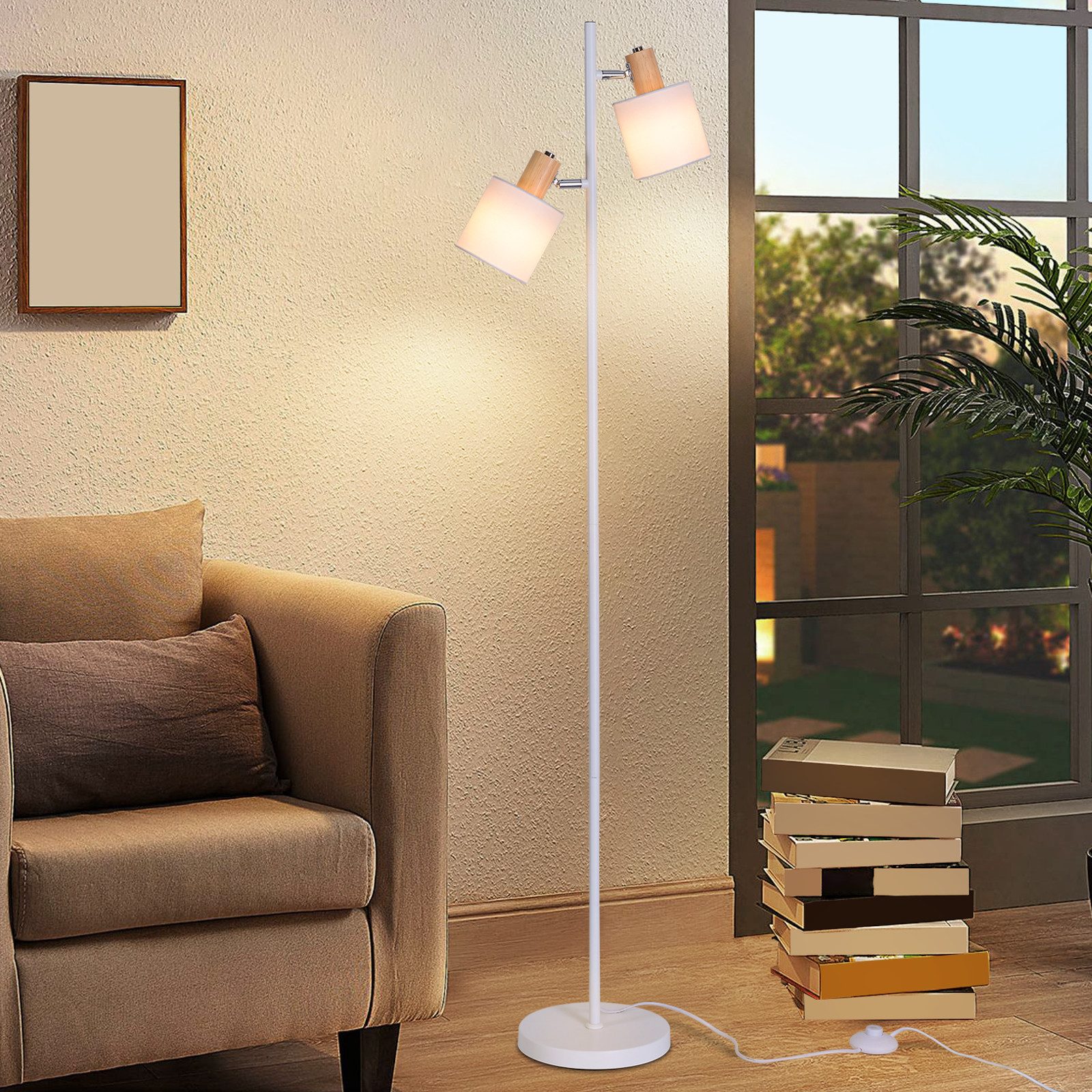 NETTLIFE Gulvlampe til stue, 2 E14 pærer, vintage - hvid stofskærm, 145 cm gulvlampe