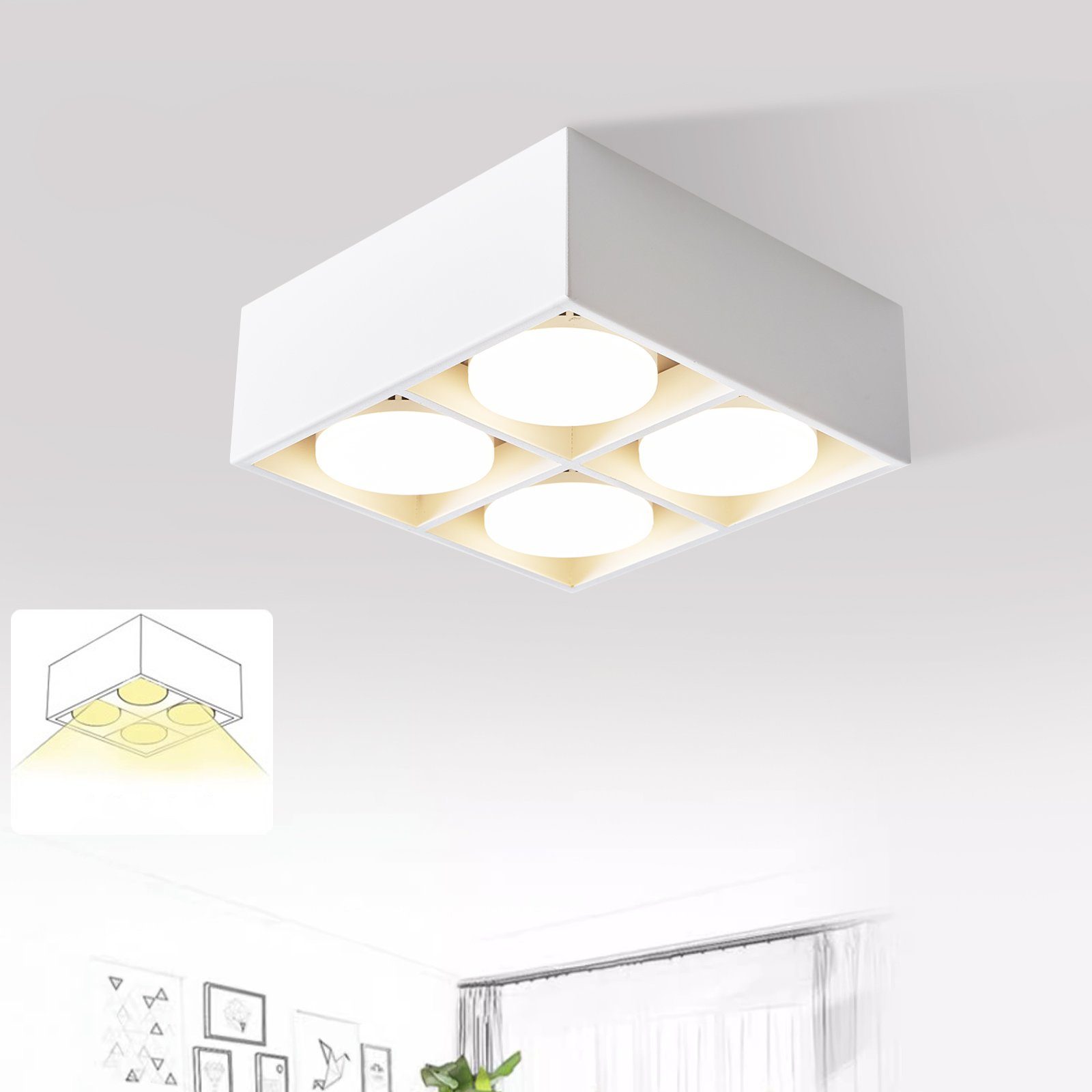 NETTLIFE 4 LED-loftsspotlights, justerbare, varm hvide, GX53, 4x5W, firkantede, moderne