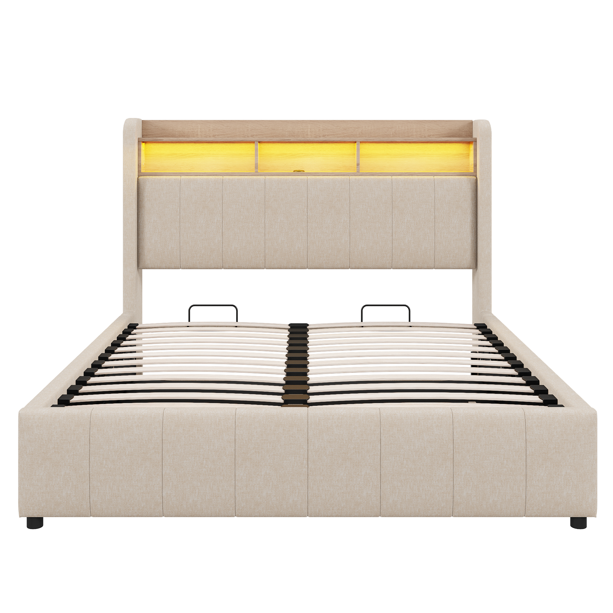 Polstret Seng 160 x 200 cm, Beige Hør, Hydraulisk + Hylder + Opbevaringsplads