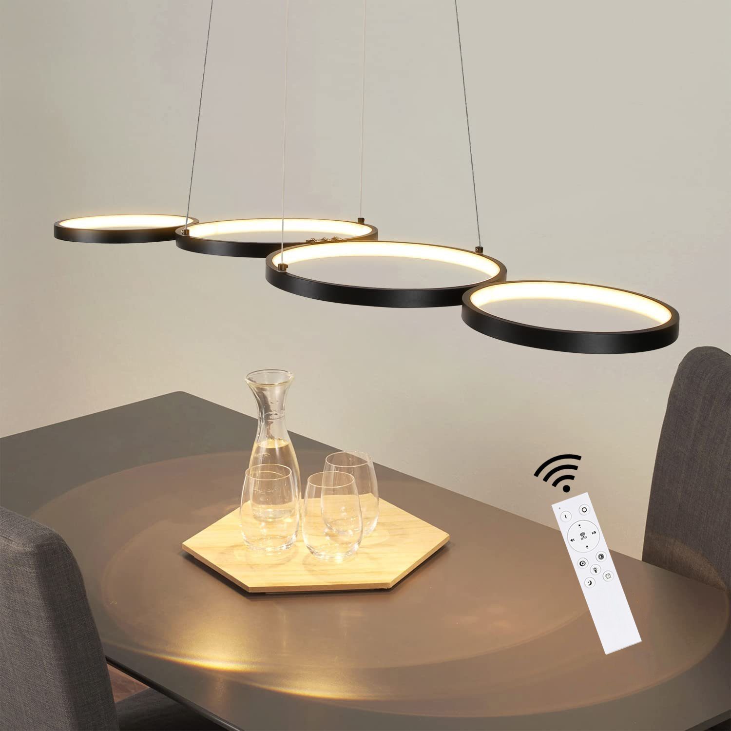 NETTLIFE sort aluminium LED pendellampe, diameter 150 cm, 54 W, moderne lampe, 4 ringe