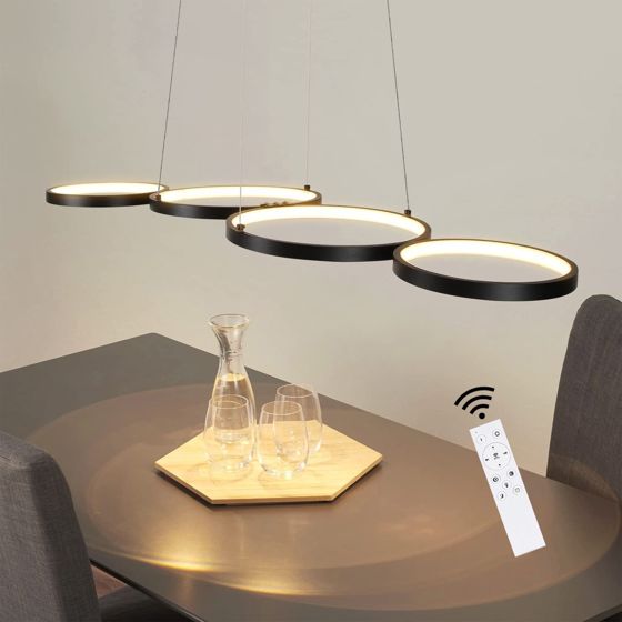 NETTLIFE sort aluminium LED pendellampe, diameter 150 cm, 54 W, moderne lampe, 4 ringe