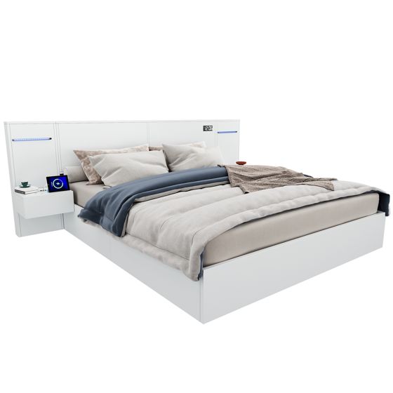 Dobbeltseng 160x200 cm med USB-port, digitalt ur, Bluetooth-højttaler og RGB-lysstrip, hvid