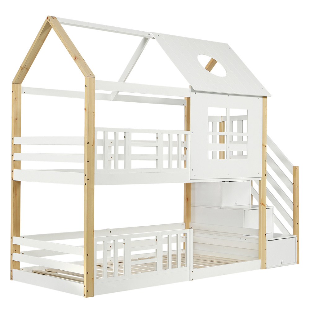 Køjeseng 90 x 200 cm, Hvid + Natur, Fyr + MDF, Opbevaringsplads + Sikkerhedsrammer + Vindue + Tag