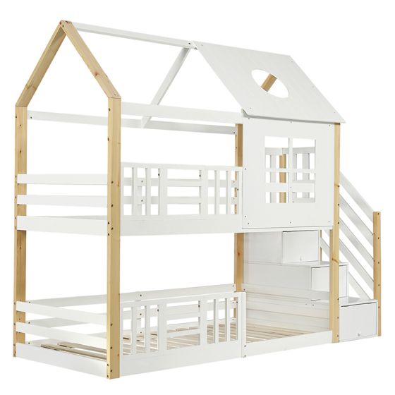 Køjeseng 90 x 200 cm, Hvid + Natur, Fyr + MDF, Opbevaringsplads + Sikkerhedsrammer + Vindue + Tag