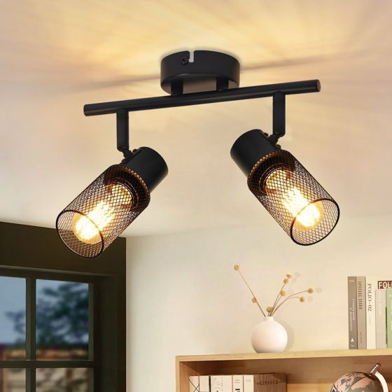 NETTLIFE Loftlampe med 2 spotlights, sort industriel metal, justerbar 330°, E27 LED, til entre, stue