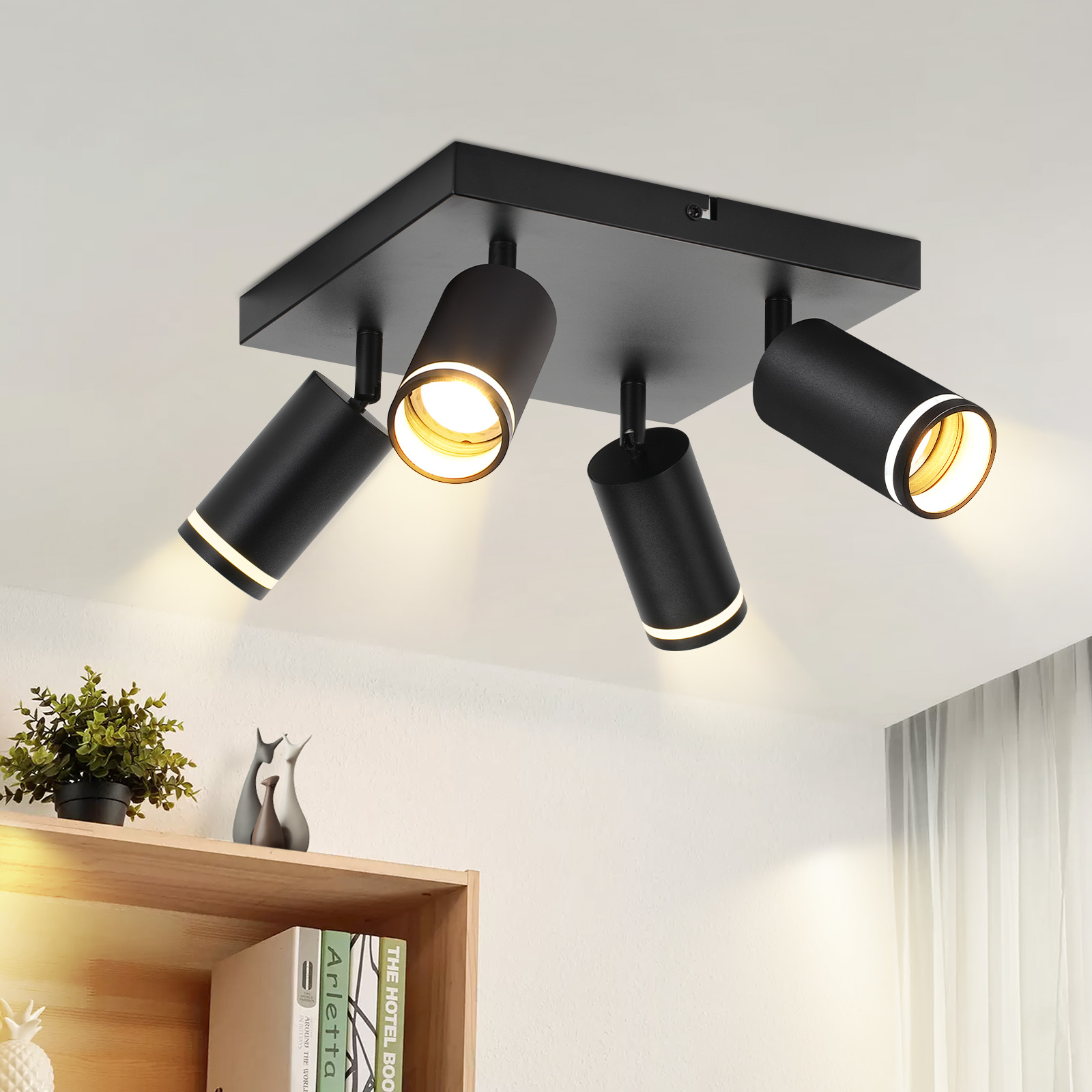 NETTLIFE Sort loftspotlight, 4 pærer, moderne GU10 spotlight, justerbar metalspotlight til indendørs brug